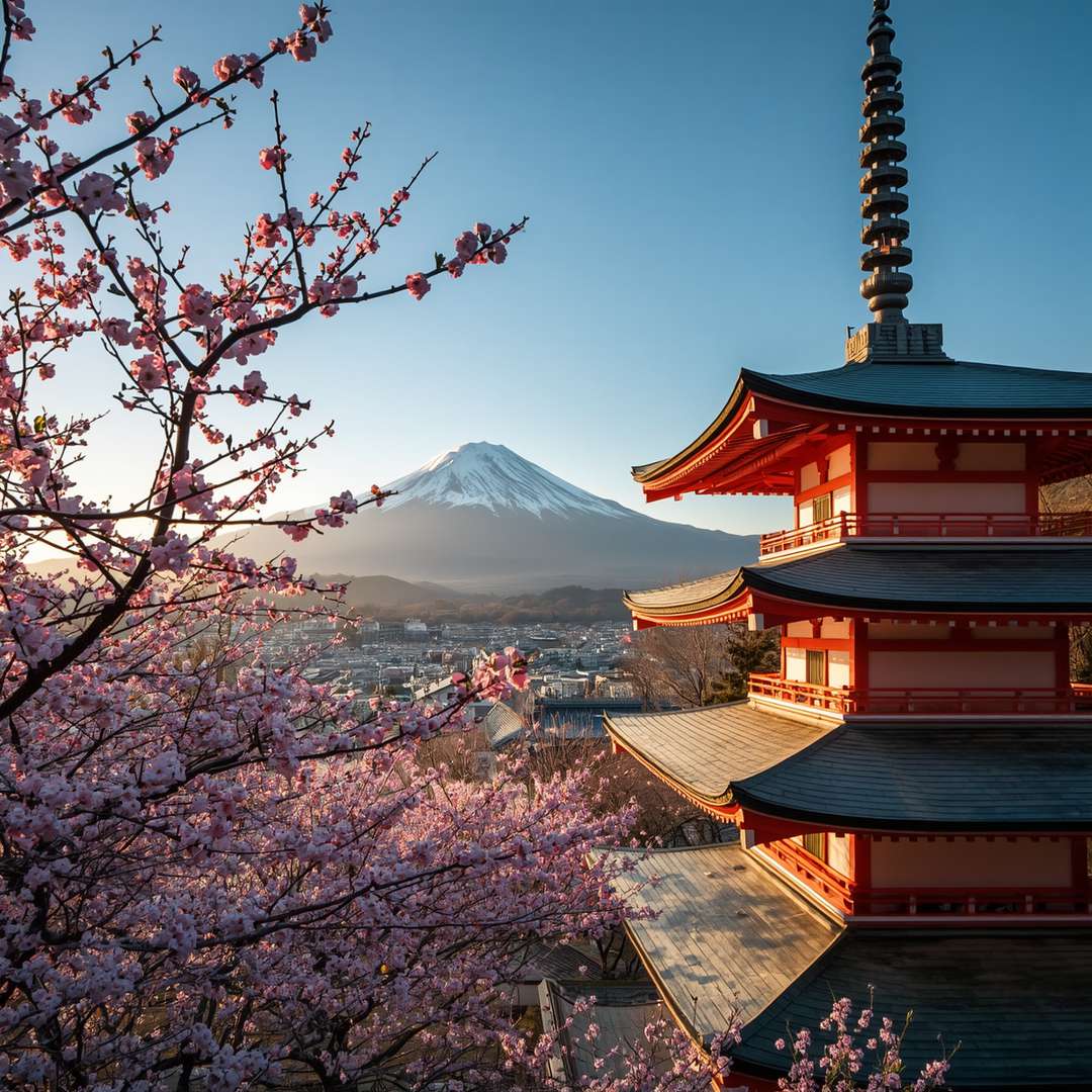 El Monte Fuji y la pagoda Chureito entre cerezos